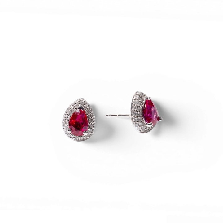 Pear Shaped Ruby Diamond Halo Stud Earrings In Solid 14K White Gold