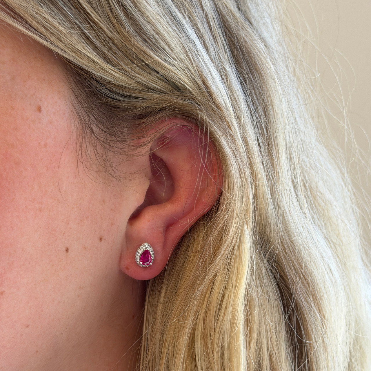 Pear Shaped Ruby Diamond Halo Stud Earrings