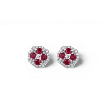 Ruby Cluster & Diamond Stud Earrings In Solid 14K White Gold