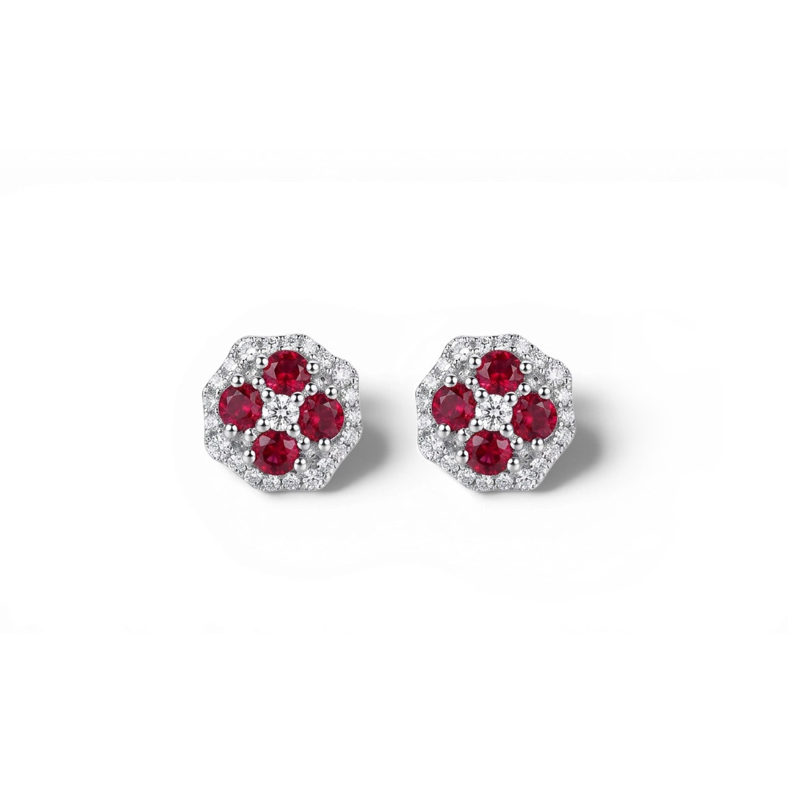 Ruby Cluster & Diamond Stud Earrings