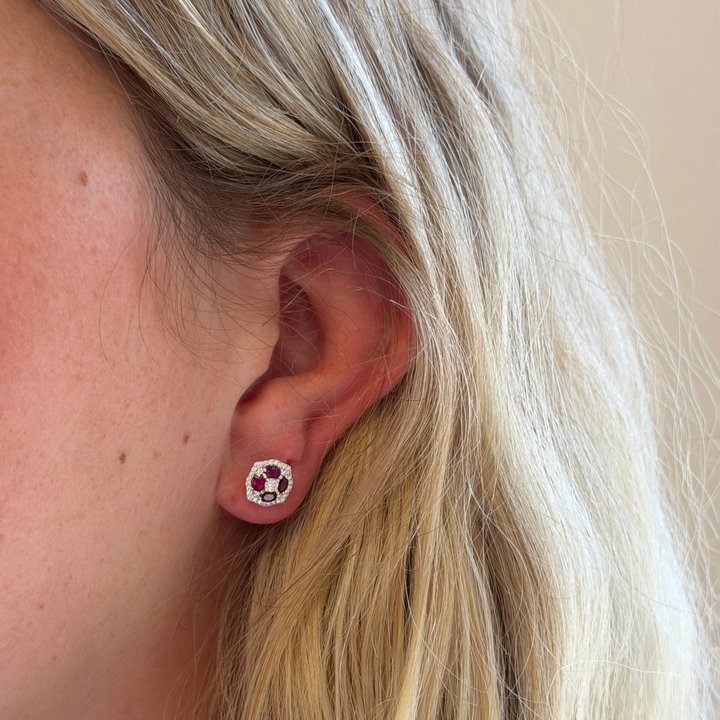 Ruby Cluster & Diamond Stud Earrings In Solid 14K White Gold