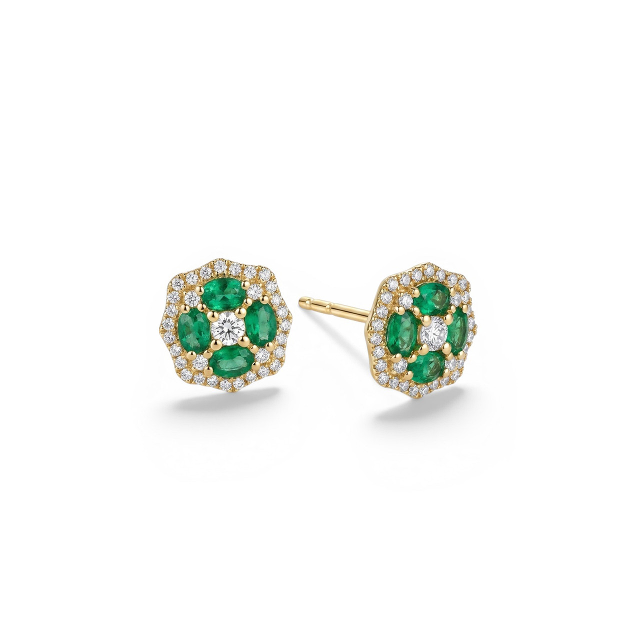 Green Emerald Cluster & Diamond Stud Earrings 0