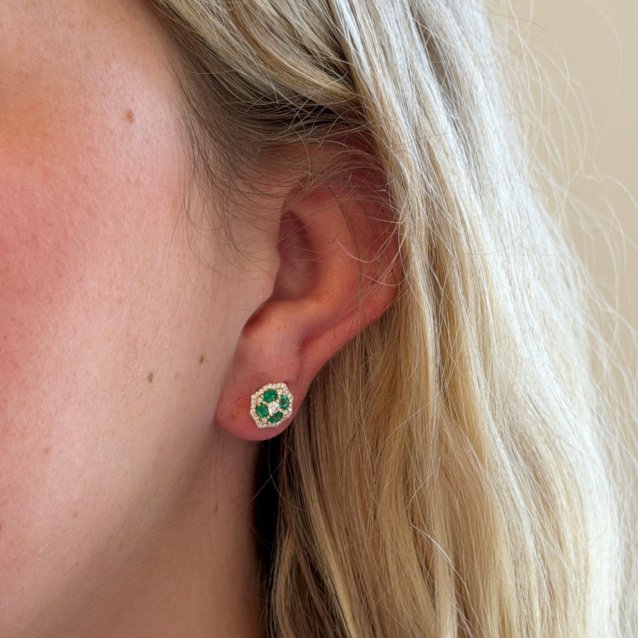 Green Emerald Cluster & Diamond Stud Earrings 1