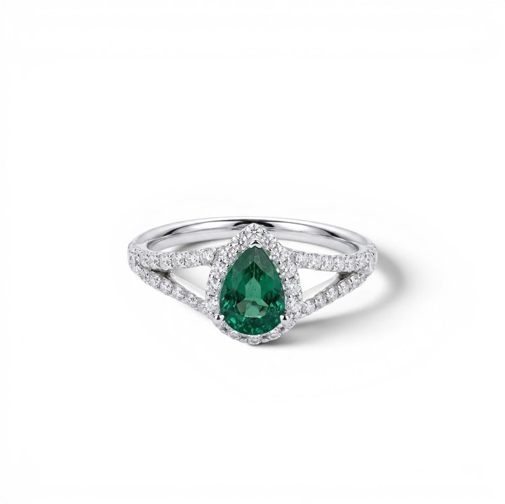 Green Emerald & Diamond Halo Split Ring In Solid 14K White Gold