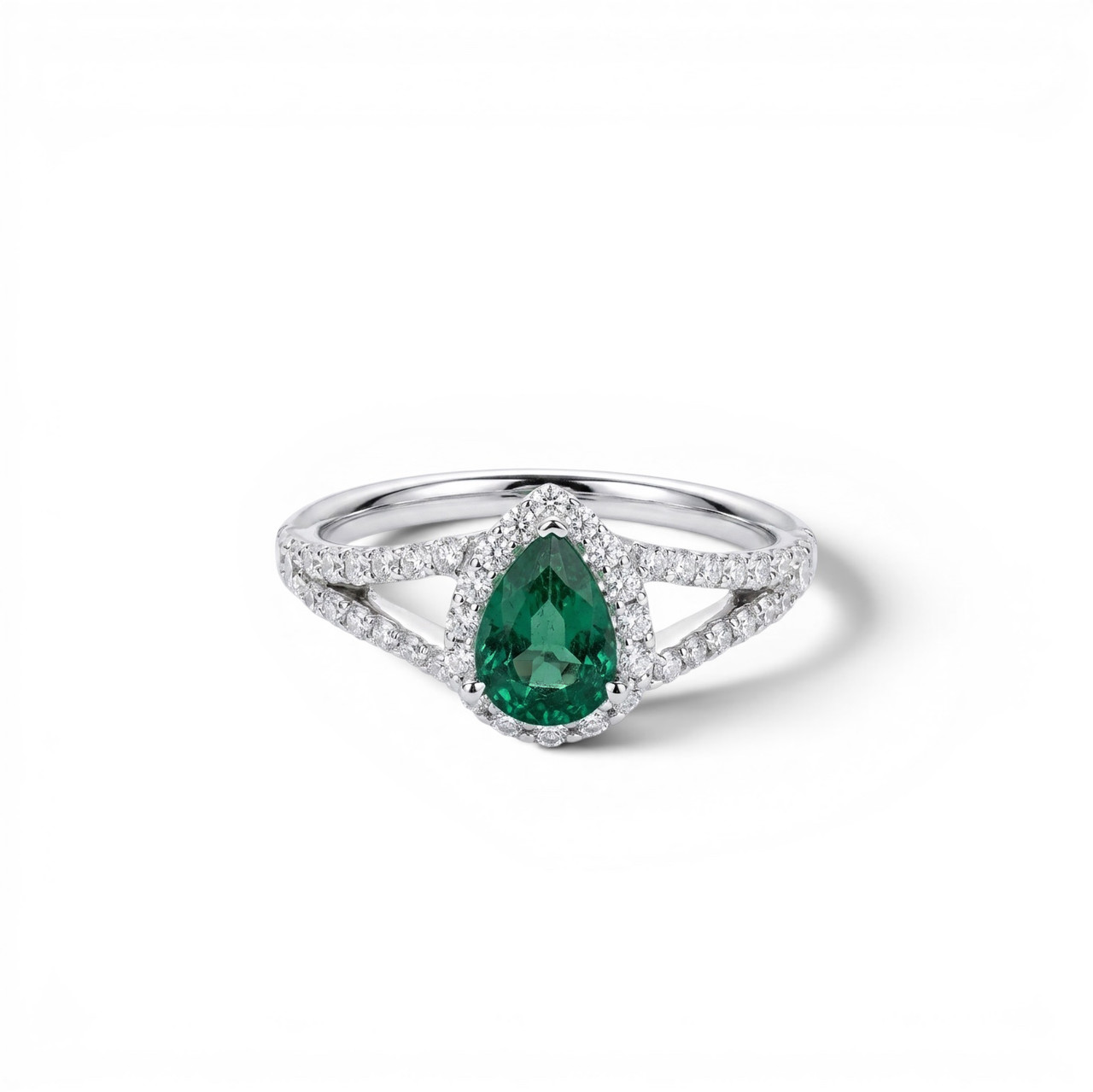 Green Emerald & Diamond Halo Split Ring