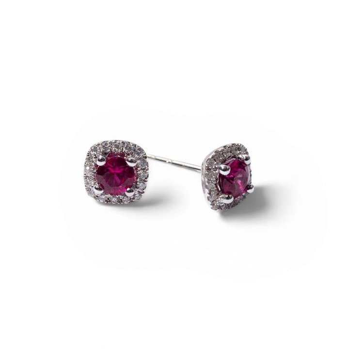 Ruby (0.68tw) & Diamond (0.16tw) Halo Stud Earrings In Solid 14K White Gold