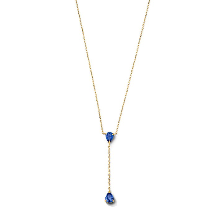 Pear Shaped Blue Sapphire Lariat Necklace In Solid 14K Yellow Gold
