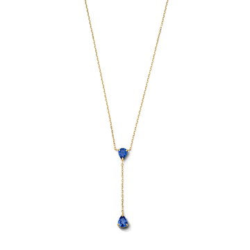 Pear Shaped Blue Sapphire Lariat Necklace In Solid 14K Yellow Gold