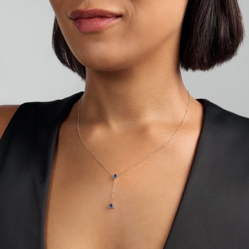 Pear Shaped Blue Sapphire Lariat Necklace In Solid 14K Yellow Gold