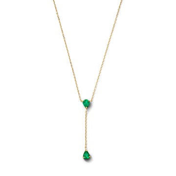 Pear Shaped Green Emerald Lariat Necklace In Solid 14K Yellow Gold