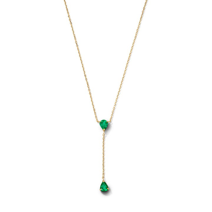 Pear Shaped Green Emerald Lariat Necklace In Solid 14K Yellow Gold