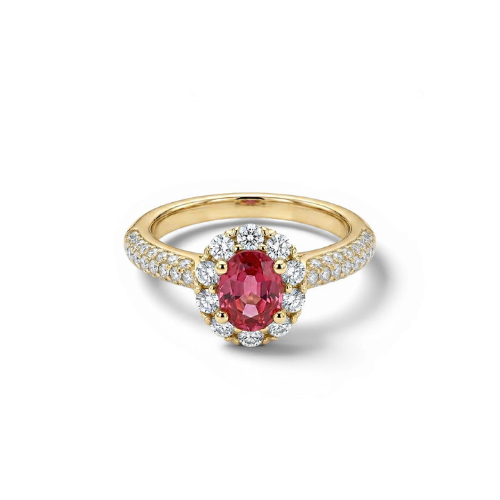 Oval Ruby Halo Diamond Ring In Solid 14K Yellow Gold