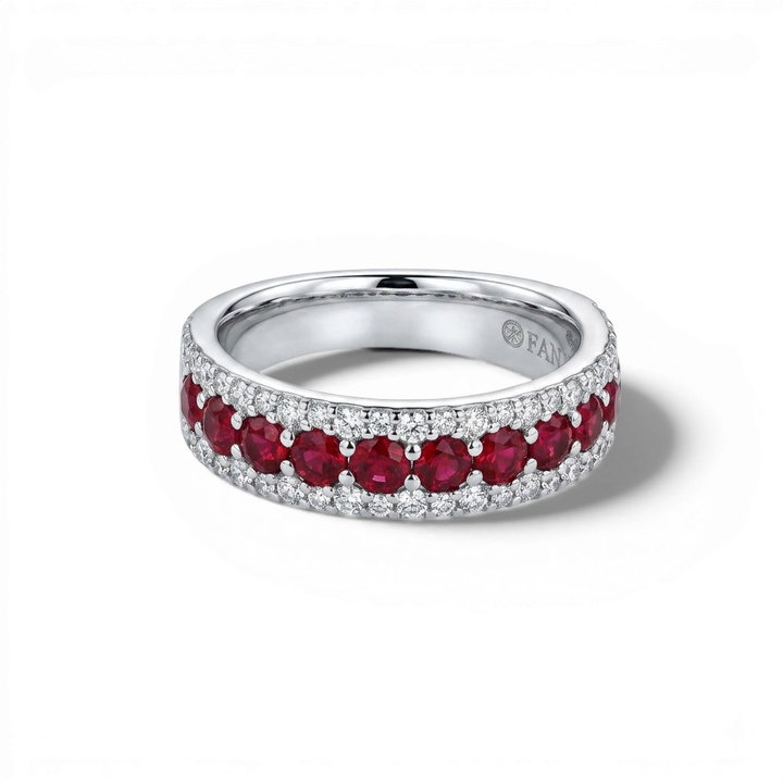 Ruby & Pave Diamond Band In Solid 14K White Gold