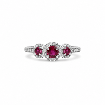Ruby & Diamond Three Stone Ring In Solid 14K White Gold