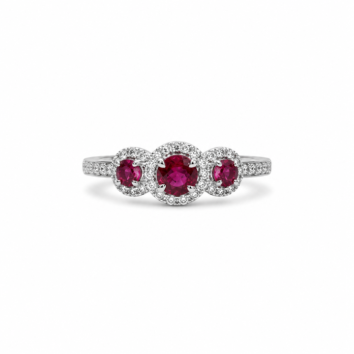 Ruby & Diamond Three Stone Ring In Solid 14K White Gold