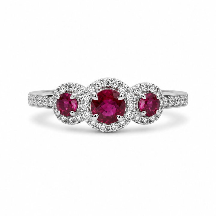 Ruby & Diamond Three Stone Ring In Solid 14K White Gold