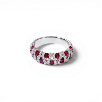 Ruby & Pave Diamond Link Band In Solid 14K White Gold