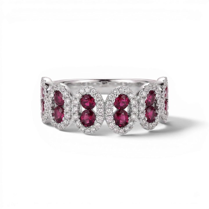 Ruby & Oval Halo Diamond Band In Solid 14K White Gold