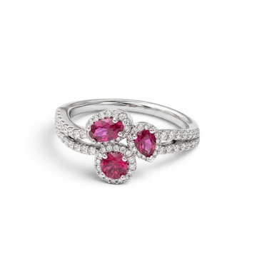 Ruby Trio Diamond Ring In Solid 14K White Gold