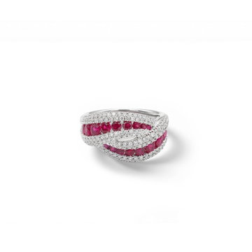 Ruby & Diamond Crossover Ring In Solid 14K White Gold