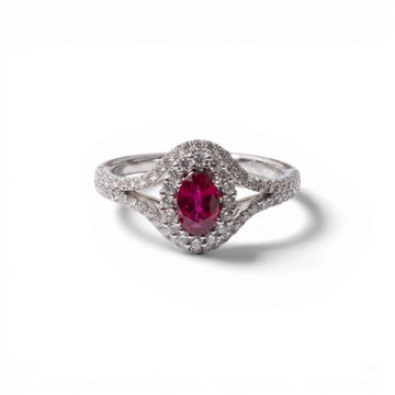 Ruby & Diamond Double Halo Split Ring In Solid 14K White Gold