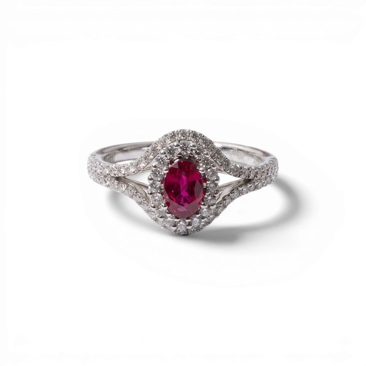Ruby & Diamond Double Halo Split Ring In Solid 14K White Gold