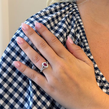 Ruby & Diamond Double Halo Split Ring In Solid 14K White Gold