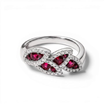 Ruby & Diamond Leaf-Inspired Ring In Solid 14K White Gold