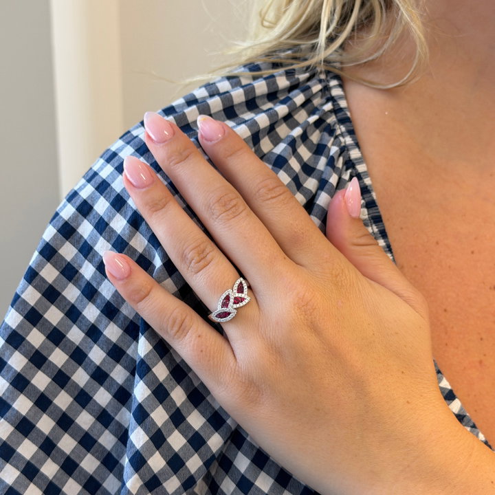 Ruby & Diamond Leaf-Inspired Ring In Solid 14K White Gold