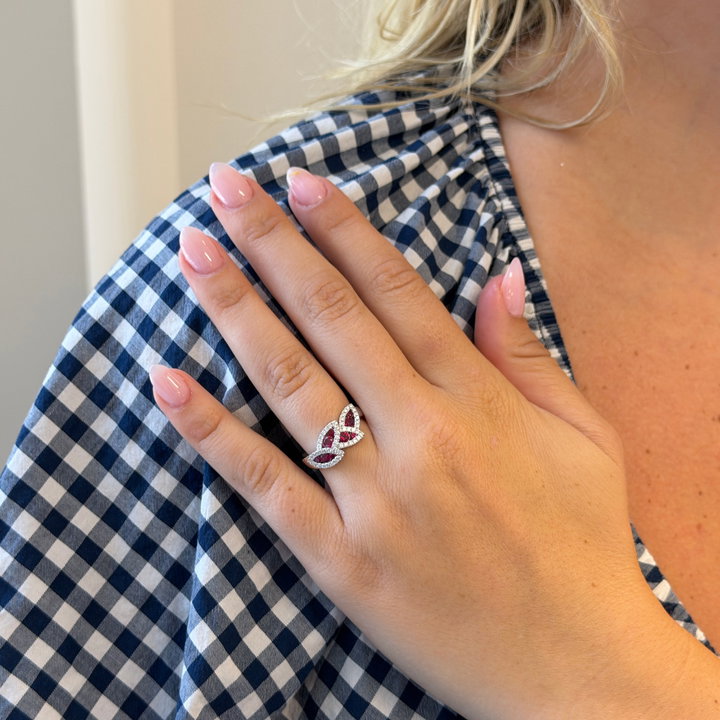 Ruby & Diamond Leaf-Inspired Ring In Solid 14K White Gold