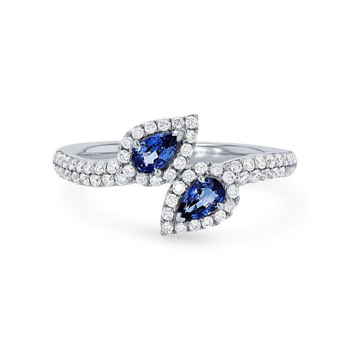 Pear Shape Sapphire & Diamond Bypass Ring In Solid 14K White Gold