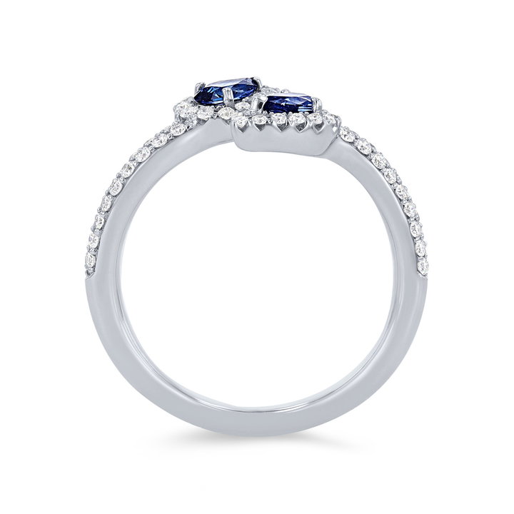 Pear Shape Sapphire & Diamond Bypass Ring In Solid 14K White Gold