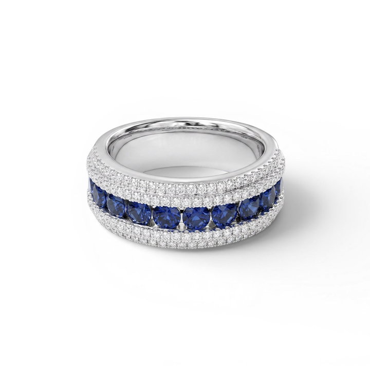 Blue Sapphire & Pave Diamond Band In Solid 14K White Gold