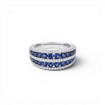 Two Row Blue Sapphire & Diamond Band In Solid 14K White Gold
