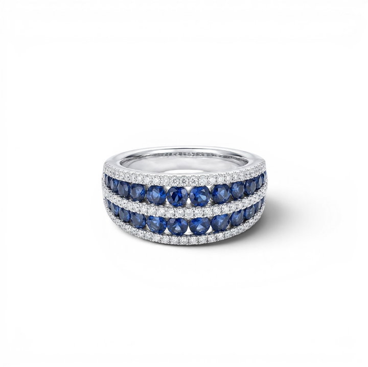 Two Row Blue Sapphire & Diamond Band In Solid 14K White Gold