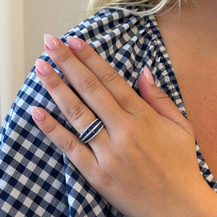Two Row Blue Sapphire & Diamond Band In Solid 14K White Gold