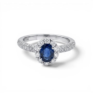 Oval Blue Sapphire Halo Diamond Ring In Solid 14K White Gold