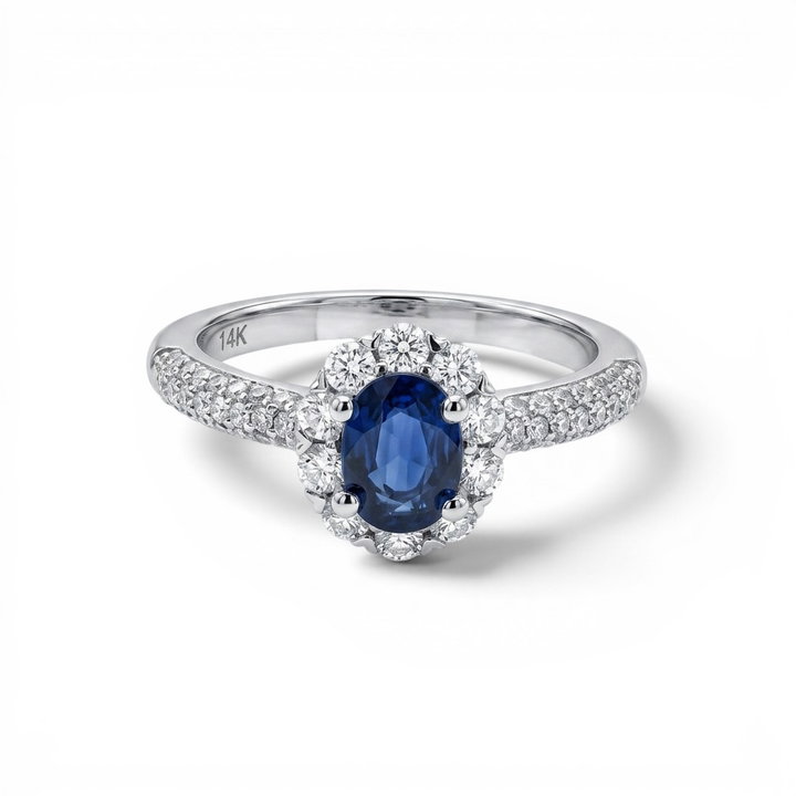 Oval Blue Sapphire Halo Diamond Ring In Solid 14K White Gold
