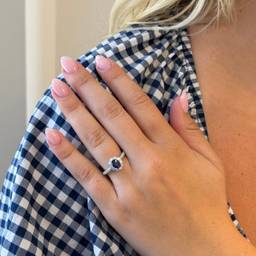 Oval Blue Sapphire Halo Diamond Ring In Solid 14K White Gold