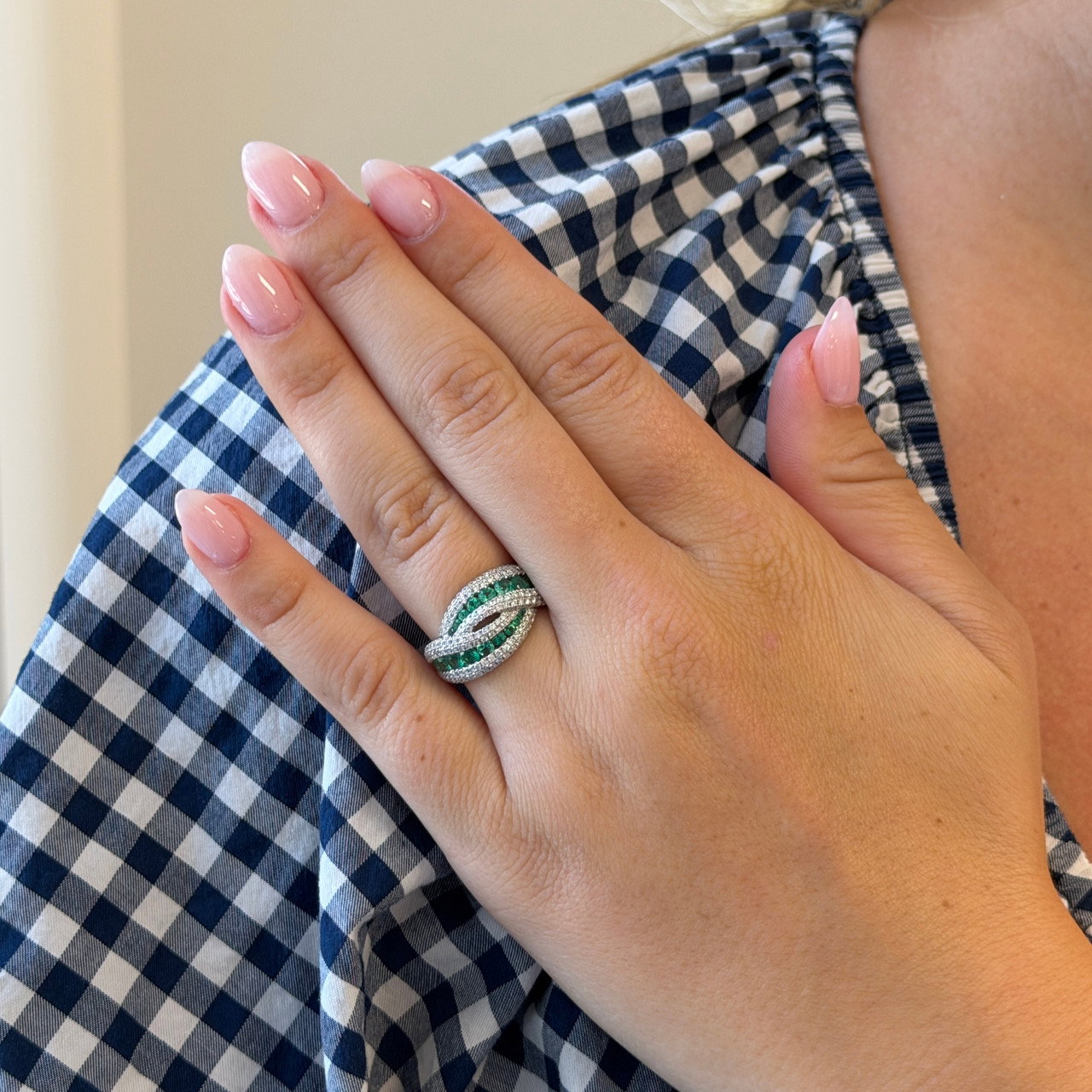 Green Emerald & Diamond Crossover Ring