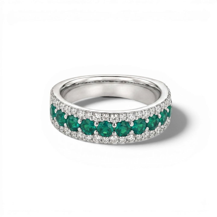 Green Emerald & Pave Diamond Band In Solid 14K White Gold