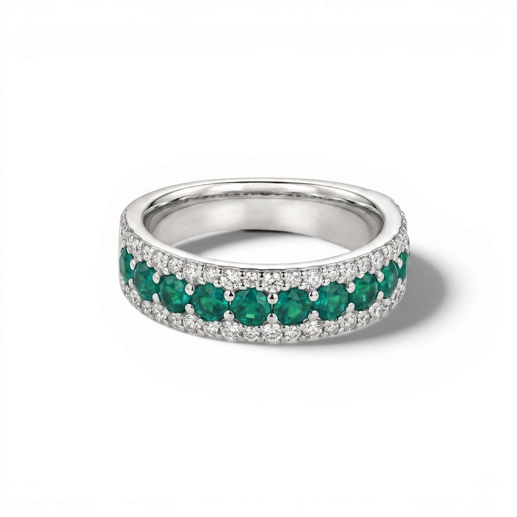 Green Emerald & Pave Diamond Band