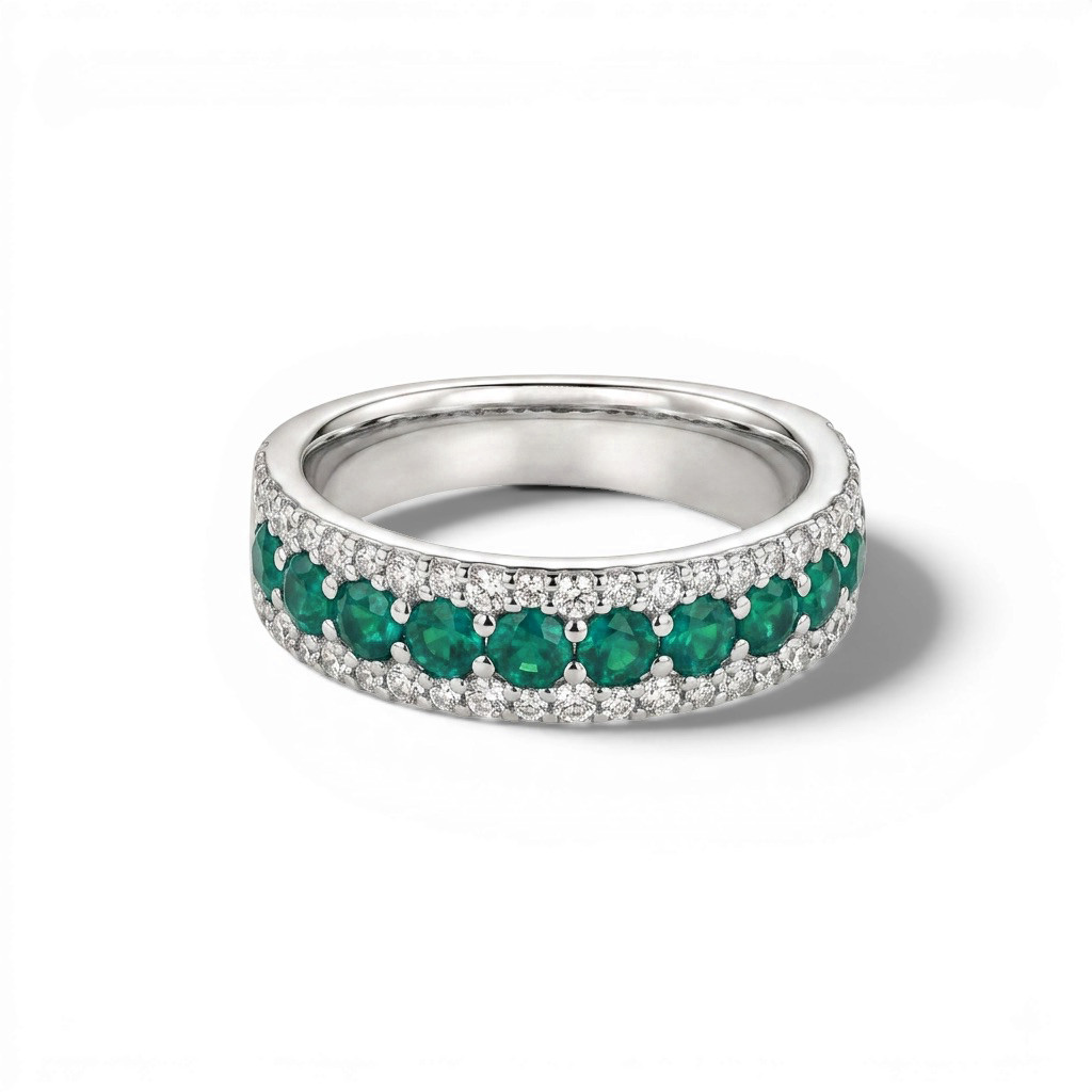 Green Emerald & Pave Diamond Band