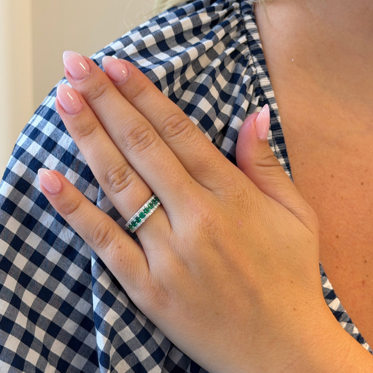 Green Emerald & Pave Diamond Band