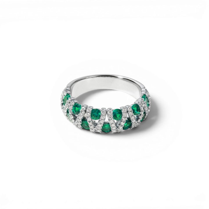 Green Emerald & Pave Diamond Link Band In Solid 14K White Gold