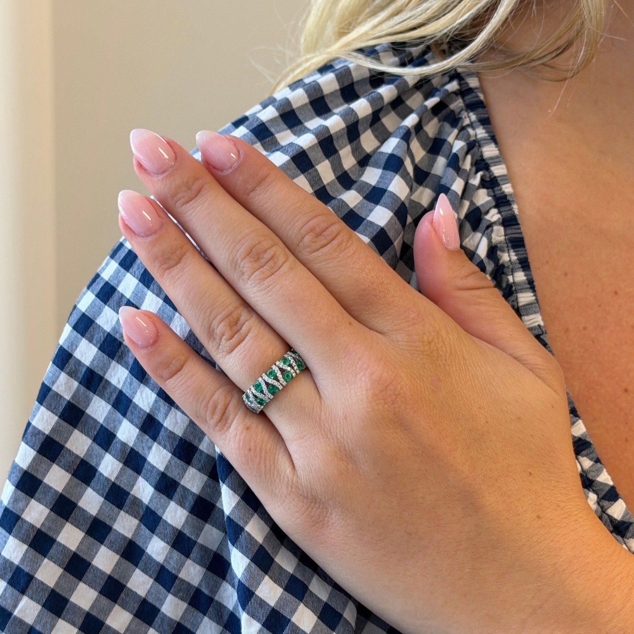 Green Emerald & Pave Diamond Link Band