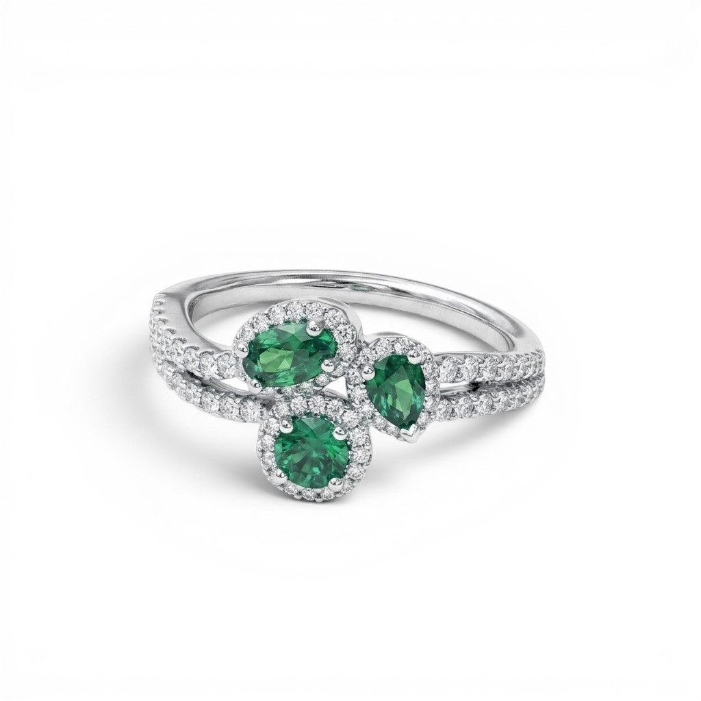 Green Emerald Trio Diamond Ring