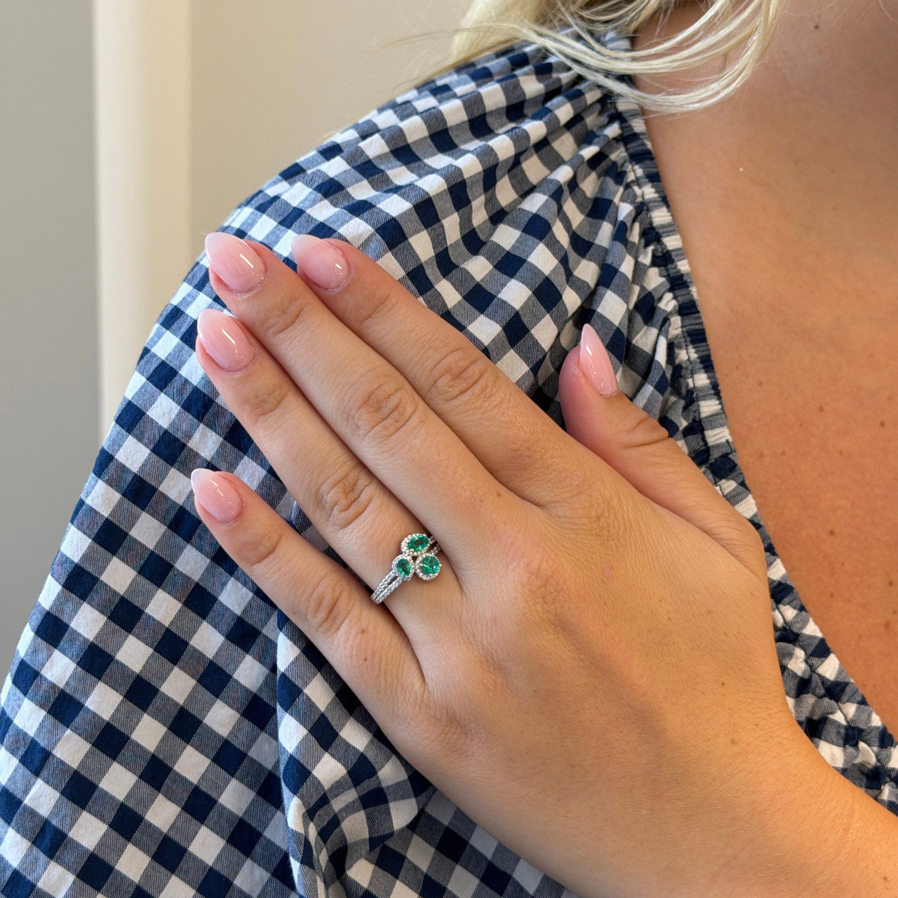 Green Emerald Trio Diamond Ring