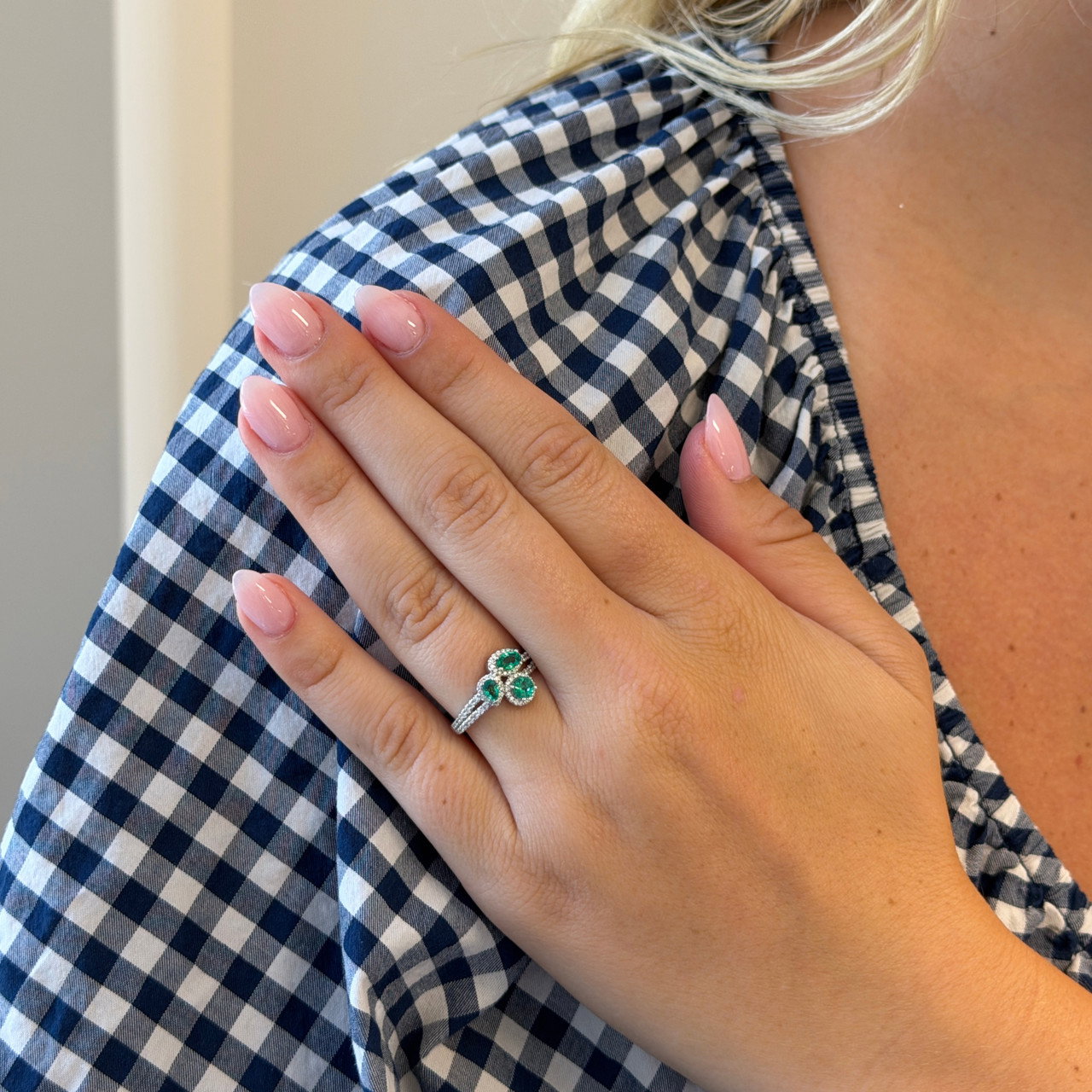 Green Emerald Trio Diamond Ring 1