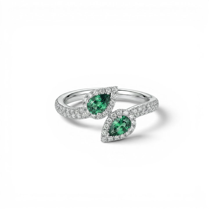 Green Emerald & Diamond Bypass Ring In Solid 14K White Gold